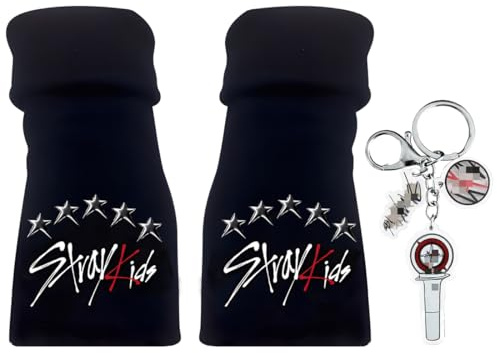 NHPY 1 Paar SK Handschuhe Fingerlos, Stry Strickhandschuhe, Kpop Schwarz Winter Gloves mit Enthält 1 A320-Schlüsselanhänger, Kpop Fanartikel Geschenk für Stry(F)