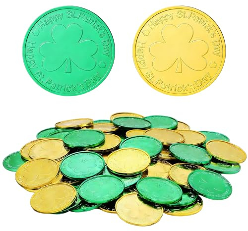 60 Pcs St Patricks Day Gold Coins, St Patricks Day Lucky Coin, Shamrock Leprechaun Coins, Green and Gold Lucky Clover Shamrock Plastic Coin for Saint Patrick's Day's Party Favors