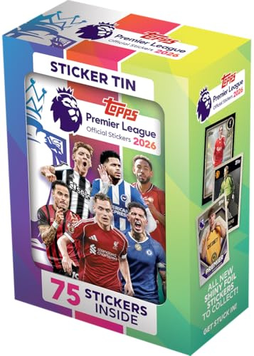 Topps Premier League Stickers 2026 - Sticker Tin -enthält 12 Premier-League-Stickerpäckchen sowie 1 Mini-Päckchen (insgesamt 75 Sticker).