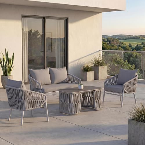 Mendler Gartengarnitur HWC-P90 Stoff/Textil - hellgrau | Lounge-Set, Gartenlounge, Sofa, Sessel, Tisch, Seilgeflecht, Rope, (180g/m²)
