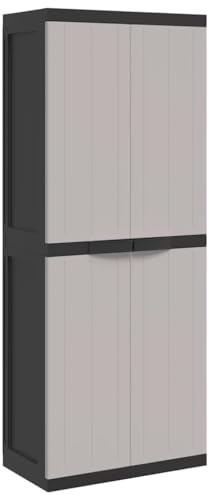 Mhdvray Gartenschrank 65x37x165 cm Grau Schwarz 100% PP wetterfeste Aufbewahrung mit verstellbarem Einlegeboden abschließbar Kompakter Geräteschrank für Balkon Terrasse Garage