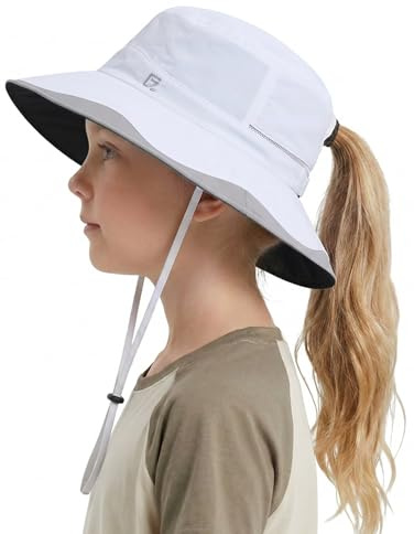 GADIEMKENSD Barnsolhatt med brett brätte och fläta hål, ventilerande svettband, UPF 50+ safari-sommar-strandhatt för pojkar och flickor, Vit, 52-56