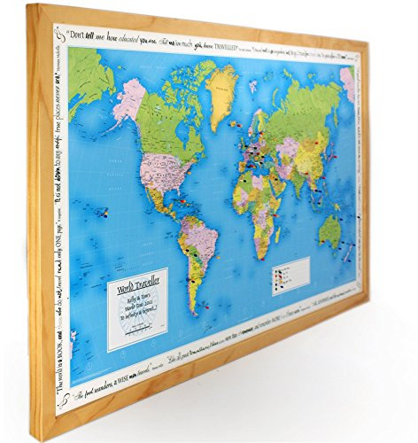 Personalised Pin Board World Map Traveller - Made Of Composite With Frame 105 X 67cm - With 100 Pins Poster With Pinboard Wall Decoration Home Décor (Light Wood Frame)