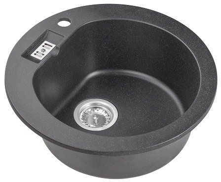 Luccio Granit Spüle Einbauspüle Spültisch Spülbecken rund inkl. Ablaufgarnitur, Korbventil, Siphon und Schablone in Schwarz gesprenkelt