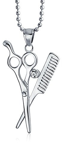 Bling Jewelry Unisex Modischer Verspielter Scheren-Kamm-Anhänger: Kristallakzent Für Frauen Männer Friseur Haarstylist Silberfarbener Edelstahl Mit Perlenkette