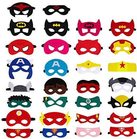 HONGXIN-SHOP Masques de super-héros, Super-Héros Masque de Feutre Partie Demi-Masques avec Corde Élastique pour Enfants Masques de Super-héros Cosplay ou mascarade 30 Pièces