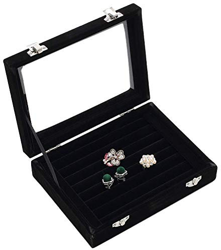 BASUWELL Earring Storage 7 Slots Velvet Jewelry Tray for Drawers Glass Clear Lid Showcase Display Ring Organizer Earring Ring Trays Holder Cufflink Showcase-Black