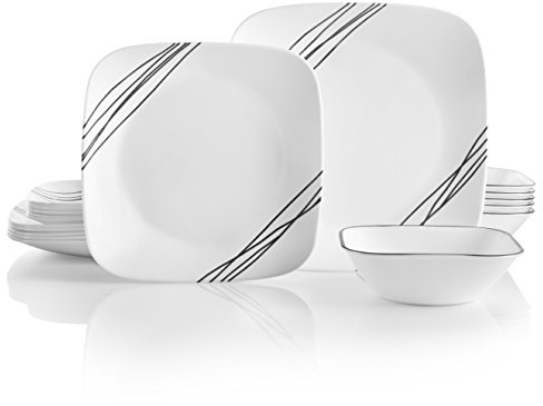 Corelle 18-Piece Dinner Set, Simple Sketch, Black and White for 6, Chip Resistant Dinnerware, Includes 26cm Square Dinner Plates, 17cm Square Salad/Side Plates and 530ml Square Soup/Cereal Bowls