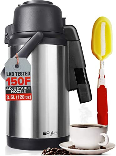 Pykal Splash Proof Coffee Jug - Insulated Thermal Hot Beverage Jugs with Pump - 3.5l Capacity & 65C Heat Retention - Large Stainless Steel Tea or Drink Carafe