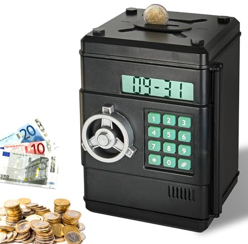 FISHTEC Tirelire Electronique avec Comptage Automatique - Coffre Fort Digital à Code 6 Chiffres Compartiment Pièce et Billet - Fonction Horloge - Idéal Cadeau Anniversaire Noel