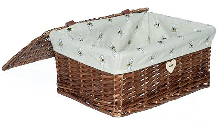 Natural Finish Wicker Basket with Lid and Bee Pattern Liner Storage Box Make Your Own Gift Hamper (Small)
