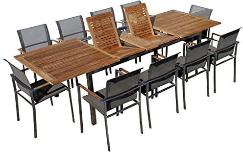 ALEOS. Gartengarnitur Edelstahl Batyline A-Grade Teak Holz Set Ausziehtisch 200-240-280 x 100 cm + 10 Sessel mit Batyline Bespannung Serie Kuba-BRAUN Gastroqualität