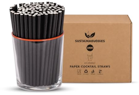 SustainaBuddies 2400 Black Cocktail Paper Straws | Bulk Trade Pack | 10.8cm | FSC Certified, Compostable & Food Safe | Bars, Restaurants & Events