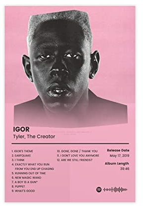 ARZARF Tyler, The Creator Poster IGOR Tracklist Album Cover Poster Leinwand Poster Wandkunst Dekor Druck Bild Gemälde für Wohnzimmer Schlafzimmer Dekoration Rahmen Stil 08 x 12 Zoll (20 x 30 cm)