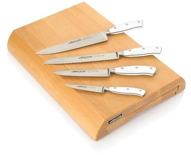 Arcos Serie Riviera Blanc - Juego de Cuchillos de 4 piezas para cajón - Hoja de Acero Inoxidable Forjado NITRUM - Mango de Polioximetileno (POM) - Cajonera de Madera Color Marrón