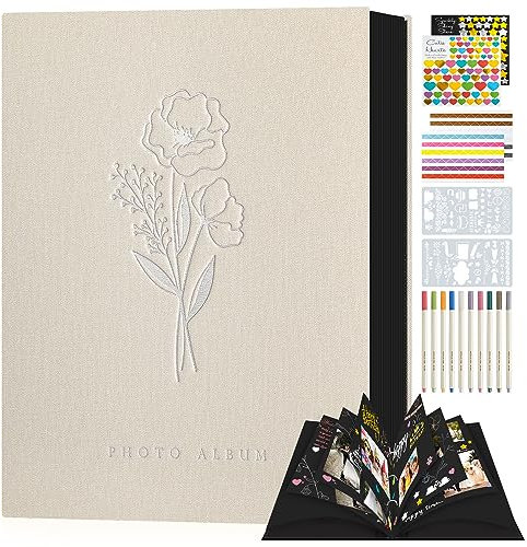 Lanpn Fotobuch zum Selbstgestalten 80 Schwarze Seiten, Leinen DIY Scrapbook Album mit 10 Metall Stifte als Geschenk zum Hochzeitstag, Weihnachte, Geburtstag Freunde und Familie (Beige, 22,5x29,5cm)