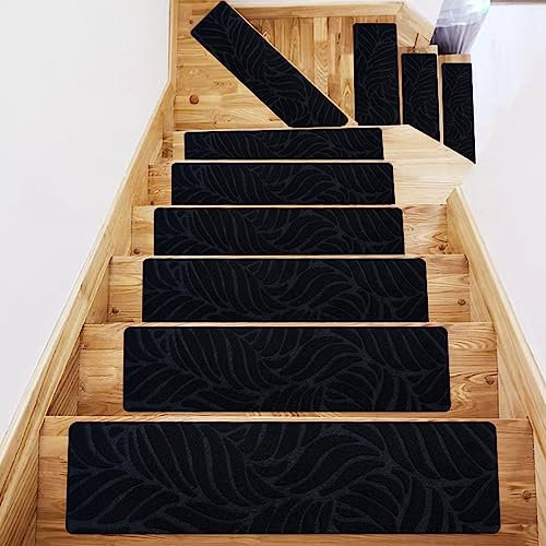 Hearda Treppenstufen Matten, Rechtwinklig 76x20.3cm Treppe Treppenteppich, Stufenmatten 15 stück, Treppenteppich Selbstklebend, Antirutschmatte Innenbereich für Schutz Kinder, Ältere (15 pc,Schwarz)