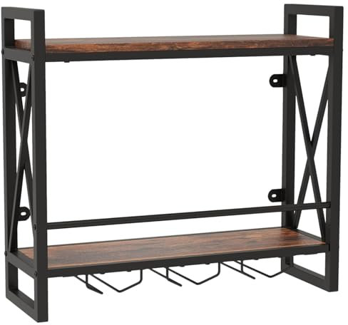 COSTWAY Wall Mounted Wine Rack, 2/3-Tier Bottle Glass Floating Shelves with Stemware Hanger, Metal Frame Hanging Display Storage Holder for Kitchen Dining Room Bar (2-Tier, 60 x 20 x 55cm)