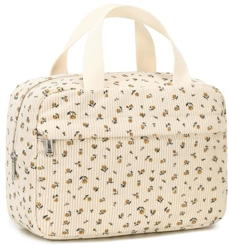 Trousse de maquillage pour femme - Grande trousse de toilette de voyage étanche avec fermeture éclair - Pour filles, Velours côtelé beige floral, Joli velours côtelé