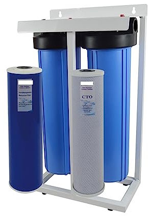 Mehrstufiger Umkehrosmose-Wasserfilter, 2-stufiges vertikales Wasserfiltrationssystem for das ganze Haus mit 20 großem blauen Kohlenstoffblock und Eisen- und Mangan-Reduktionsfilter mit auslaufsicher
