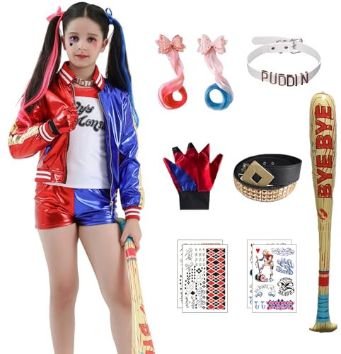 Alaiyaky Harley Kostüm Damen, Quinn Cosplay Clown Outfits Quinn Kostüm mit Handschuhen Halskette Perücke Strümpfe Aufkleber Ballon, Coole Mädchen Outfits für Karneval Halloween (Mädchen, 120)