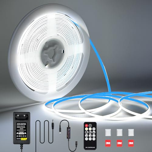 KWODE LED Strip White Light 6 m, 24 V 6000 K Dimmable COB LED Strip 3 mm Wide, 384 LEDs/M Flexible Light Strip with Power Supply and RF Remote Control for Living Room Bedroom Kitchen Decoration