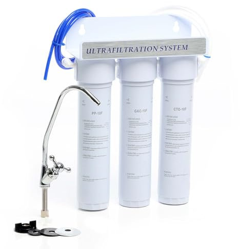 Naturewater NW-3-PPGACCTO 3 Stufen Untertisch Wasserfilter, 5 µ, Sedimentfilter, Aktivkohle Granulat, Aktivkohle Block Filtereinsatz, mit Schnellanschluss, Wasserhahn