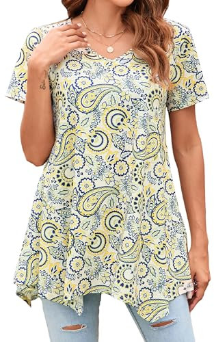 Enmain Camiseta Mujer Manga Corta Top Túnica Larga Cuello de Pico Blusa Elegante y Cómoda Talla Grande Tops Estampadas T Shirt para Mujeres,Amarillo,3XL