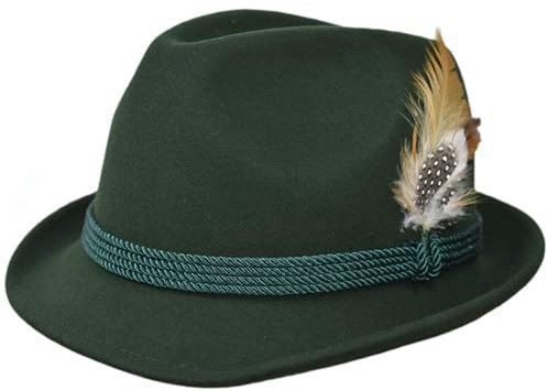 Melegari Tiroler Trilby Hut Brixen | Traditionelle Tiroler Kordel und Federn | Beliebter Berghut | Alpin Hut | Herren Damen | Sommer/Winter, grün, 55