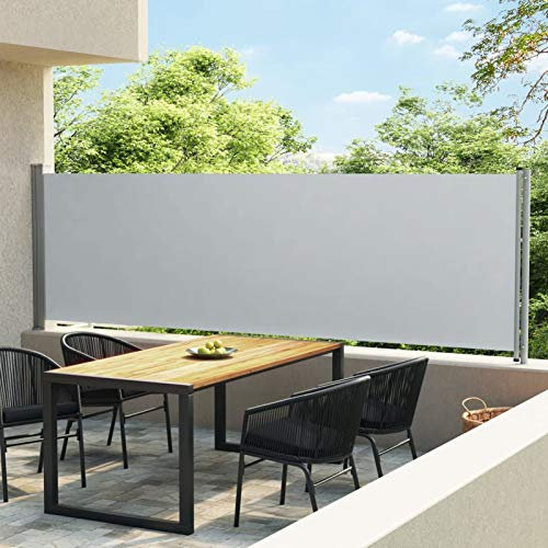 ShCuShan Ausziehbare Seitenmarkise 140x600 cm Grau Paravent Outdoor Wetterfest Sichtschutz Ausziehbar