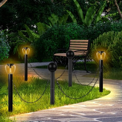 Solar Pfostenleuchten Dekorativer Zaun mit Kettenglied: Große Solar Geländer Kit Lichter Außen Wasserdicht mit Kettenglied Set mit 3 Lichtern und 2 Dekorativen Säulen für Schienesse Hof - Wolframlicht