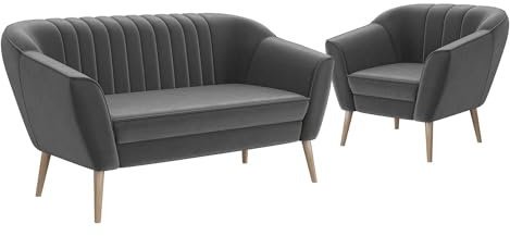 MEBLINI Mini Sofa Set 2-1 für Wohnzimmer - Mini Lounge für DREI Personen - Küchensofa - Sofa Klein - Sitzgarnitur - Polstergarnitur - Sofagarnituren - KAIA - 2+1 - Dunkelgrau Samt