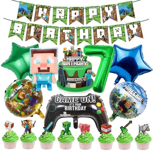 Mine Balloons 7 Year Party Decorations for Boys Kids with Happy Birthday Banner Cake Toppers Cupcake Gamer Gaming Theme Party Decorations 7th Cartoon Foil Balloons Green