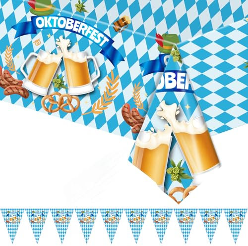 Oktoberfest Deko Set Oktoberfest Tischtuch Tischläufer Wimpelkette Bayrische Deko Tischläufer Waschbar Tischdecken für Biertische für drinnen und draußen Party Zubehör