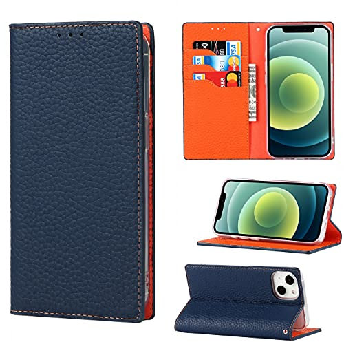Cavor Phone Case Compatible for iPhone 13 Cover,Genuine Leather Flip Wallet Case,[3 Card Holders][Magnetic Closure][RFID-Blocking][Lanyard] Protective Case - Dark Blue
