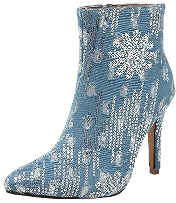 Generisch Stivaletti casual sopra il ginocchio Stivali da donna in pelle blu chiaro denim paillettes stivaletti da donna con tacco sottile tacco alto Stivali corti di gomma, Azzurro, 37 EU