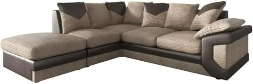Corner Sofa - Jumbo Cord Sofa in Black and Grey - Modern 3 Seater 2 Seater Suites - 5 Seater Sofa with Chaise for Living Room Lounge Bedroom (Beige Cord Brown Leather, Left Hand Facing Corner)