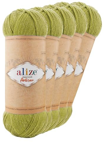 5 x 100g Sockenwolle Alize Superwash Artisan 75% Wolle Strickwolle Häkelgarn Farbwahl, Farbe:11 bambusgrün