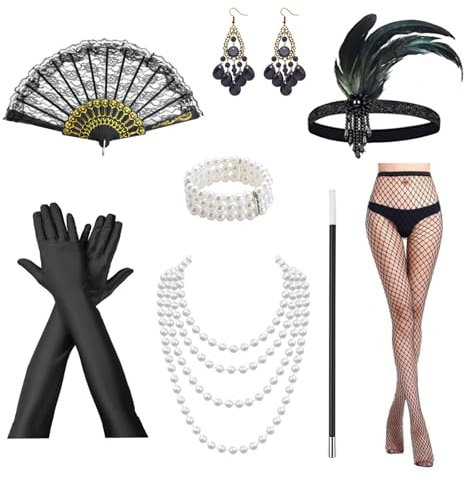 Werownsgso 8 Stück 1920er Jahre Kostüm Damen, Gatsby Accessoires Mit Stirnband Handschuhen Halskette Armband Ohrringen Spitze Faltfächer, Flapper Set für Karneval Party Prom