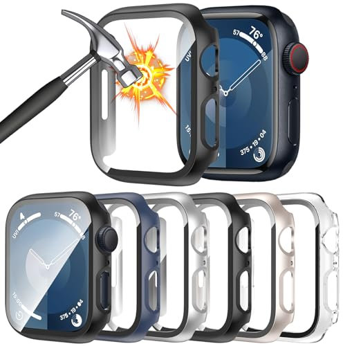 HAANILKYI 6 Stück Schutzhülle mit Displayschutzfolie Kompatibel mit Apple Watch Series 9/8/7 45mm, Rundum Ultradünne PC Hard Hülle Kratzfest Schutzhülle für iWatch 45mm