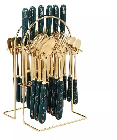 Dark Green Cutlery Set, 24 PCS Stainless Steel Cutlery Dinner Tableware Set with Stand Flatware Set Cutlery Set Service for 6 People, for Hotel Dining Holiday Banquets 14.5 * 13 * 23.5cm