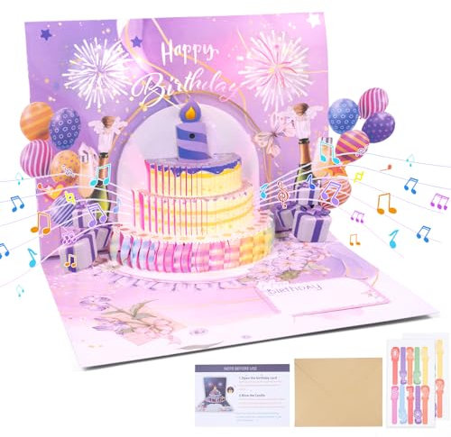 Carehabi Geburtstagskarte mit Musik und Licht, Happy Birthday Card, Pop Up Kuchen Geburtstagskarten mit Musik und Licht 3D Karte Geburtstag Geschenke für Frau Männer Freundin