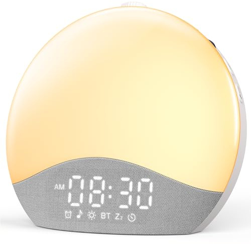 ecozy Sunrise Alarm Clock, White Noise Machine, Bluetooth Sync, 26 Sounds, 17 Night Lights, Upgraded Backlit Button, Sunrise/Sunset Simulation, Wake Up Light for Heavy Sleeper, Elderly, Kid
