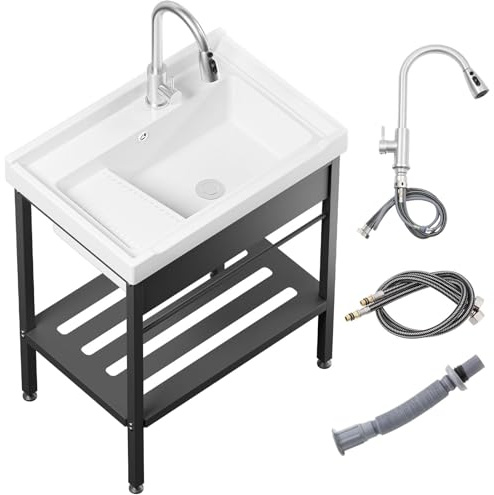 Fregadero de cerámica de 28 x 19 x 34.3 pulgadas con juego de tabla de lavado, fregadero independiente con grifo de agua fría y caliente, mangueras y kit de drenaje para lavandería, sótano, exterior e