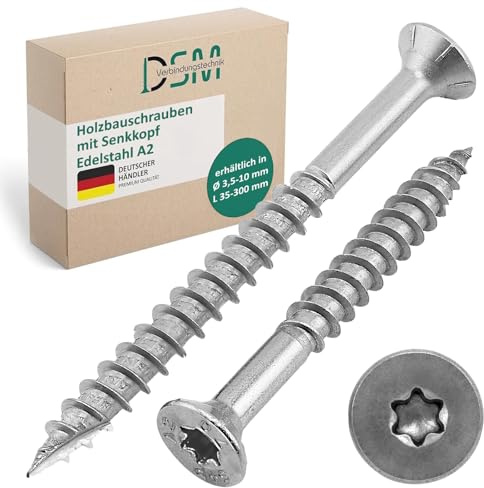 DSM - Lot de 50 vis pour construction en bois en acier inoxydable A2 - 8 x 180 mm - TX40 - Tête fraisée - Tête inférieure renforcée avec nervures de fraisage et pointe Cut - Encoche de coupe - Vis