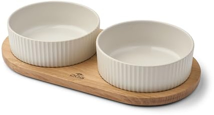 DOG Copenhagen Kronborg Food Bar - Ceramic Food and Water Bowl Set with Stand - Dishwasher Safe - Non Slip - Nordic Design Stoneware, M, Off White/Oak