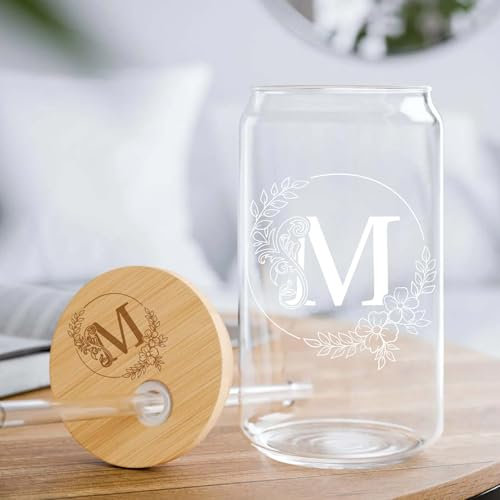 Taza de cristal con inicial con tapa de taza de grabado, regalos de cumpleaños personalizados para mujeres, regalos únicos con monograma, regalos personalizados para mujeres, regalos personalizados