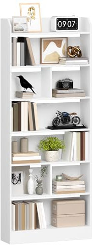 Hzuaneri Bücherschrank, Bücherregal, mit 7 Fächern, Aufbewahrungsregal, Standregal, für Wohnzimmer, Büro, Schlafzimmer, 24 x 60 x 199,2 cm, Weiß BC11703X