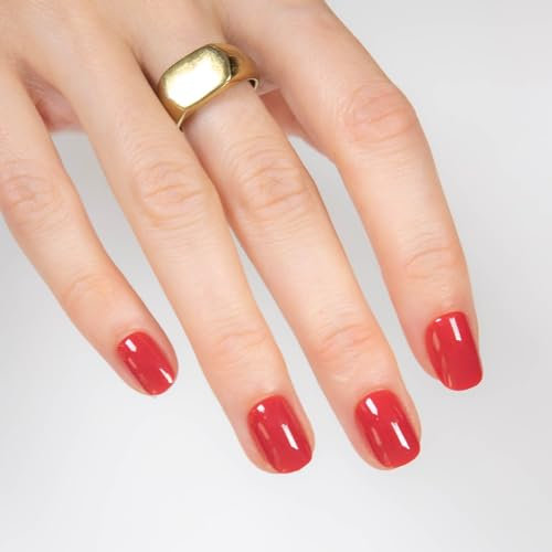 MOYOU LONDON Soft Gel Press On Nails - Extra Short Red False Nails with Glue, 32 Pcs Round Stick On Nails in 16 Sizes, Reusable & Comfortable Opaque Gel False Nails, Lady in Red