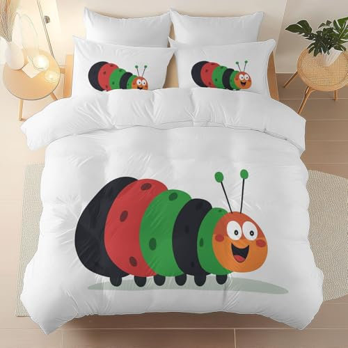 Drucken Bettwäsche Sets 3 Teilig Süß Einfach Raupe, 135 x 200 cm Reversibel Mikrofaser Bettbezug, Weiß Bettwäsche mit Reißverschluss und 2 Kissenbezüge 80 x 80cm